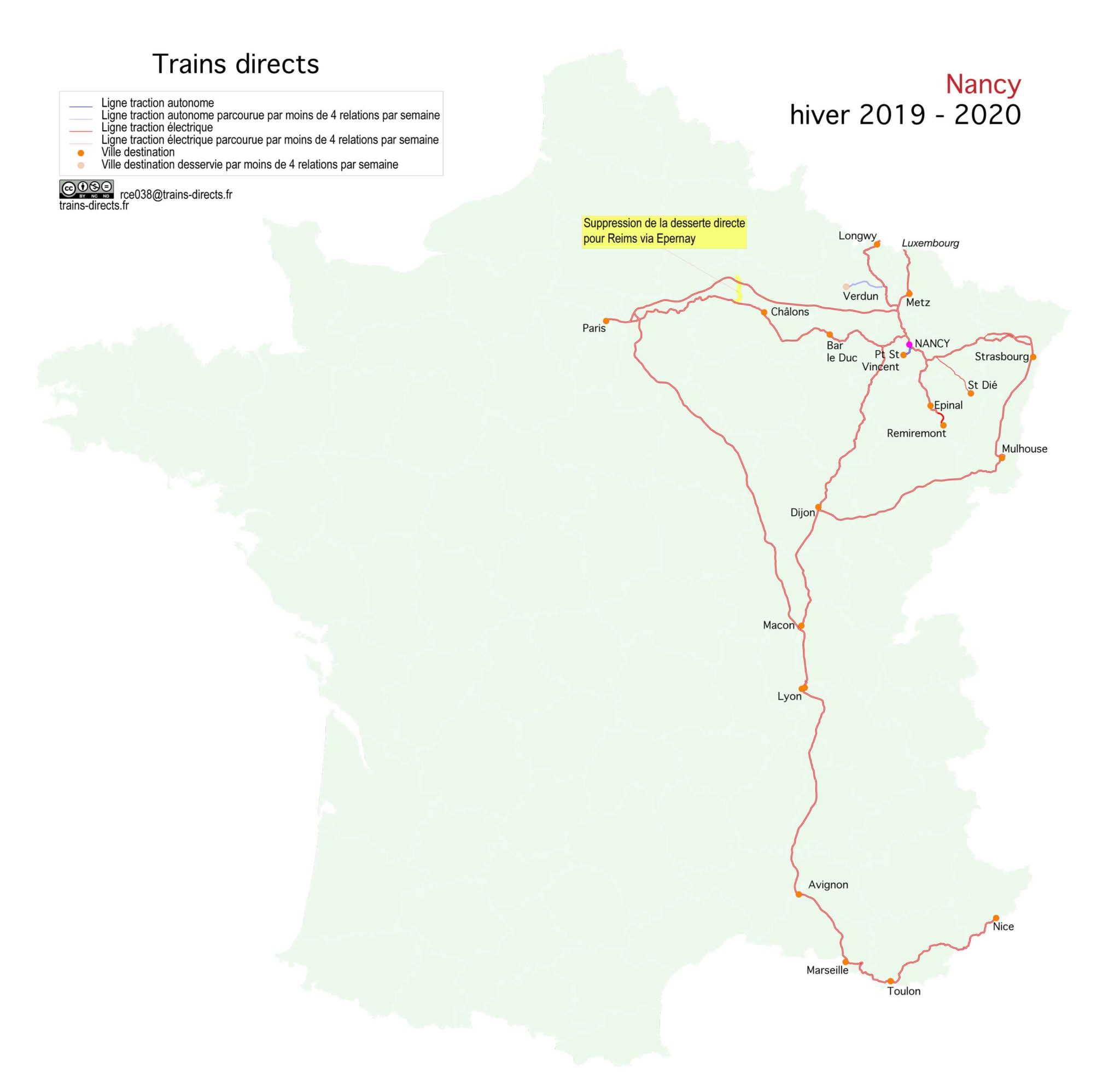 Carte des trains directs au départ de Nancy en 2020