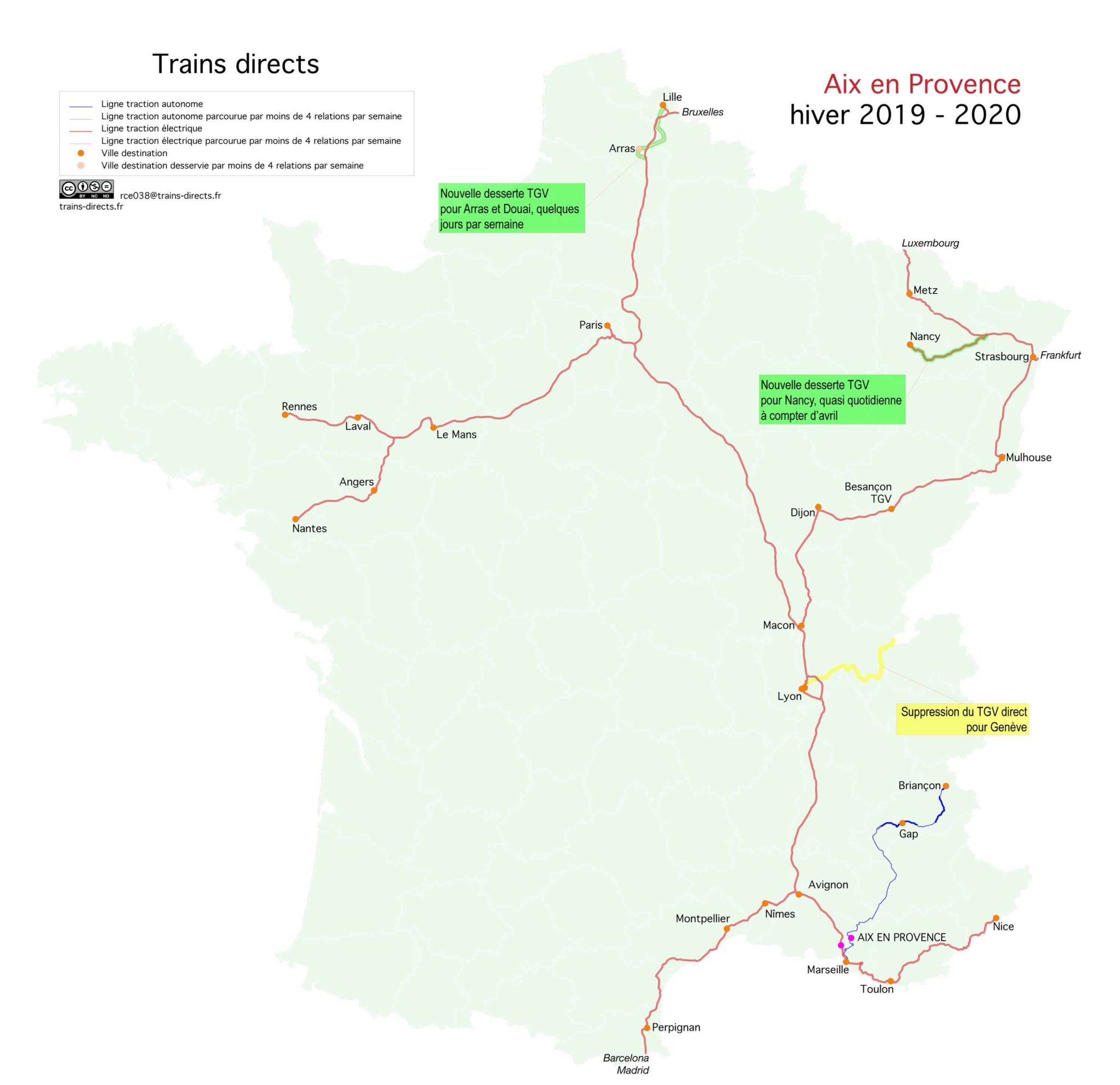 Carte des trains directs au départ d'Aix en Provence en 2020