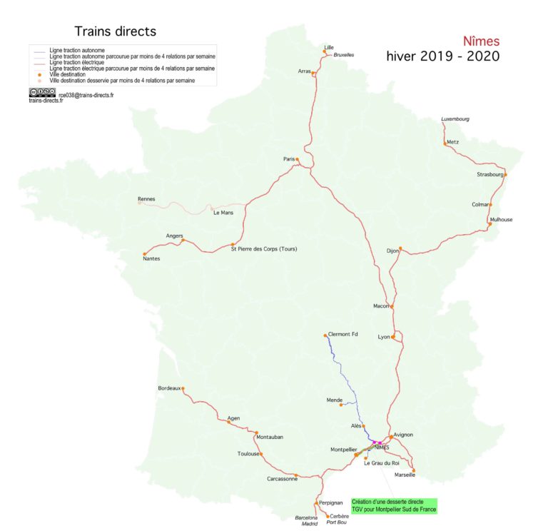 Carte des trains directs au départ